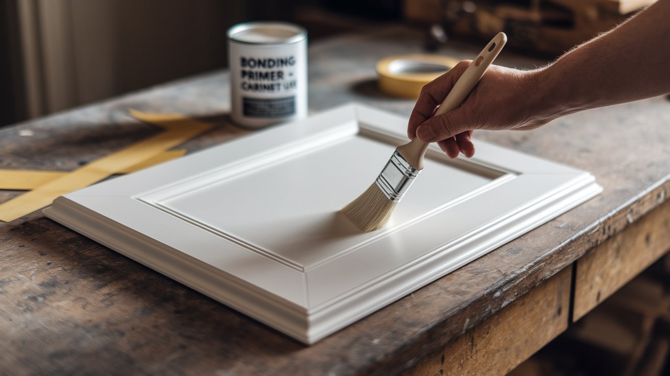 A person is painting a white cabinet with a brush, focusing on the surface with careful strokes.