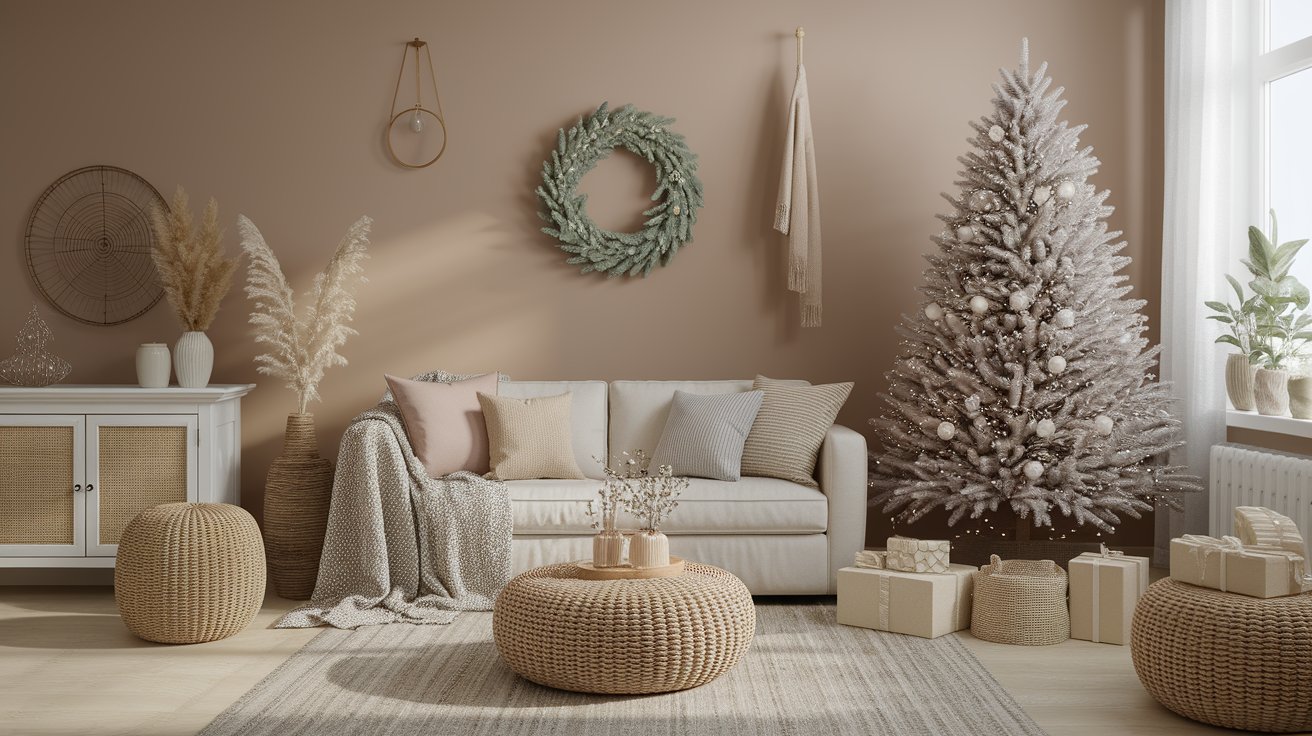 A cozy living room adorned with a Christmas tree, festive wreaths, and various holiday decorations.
