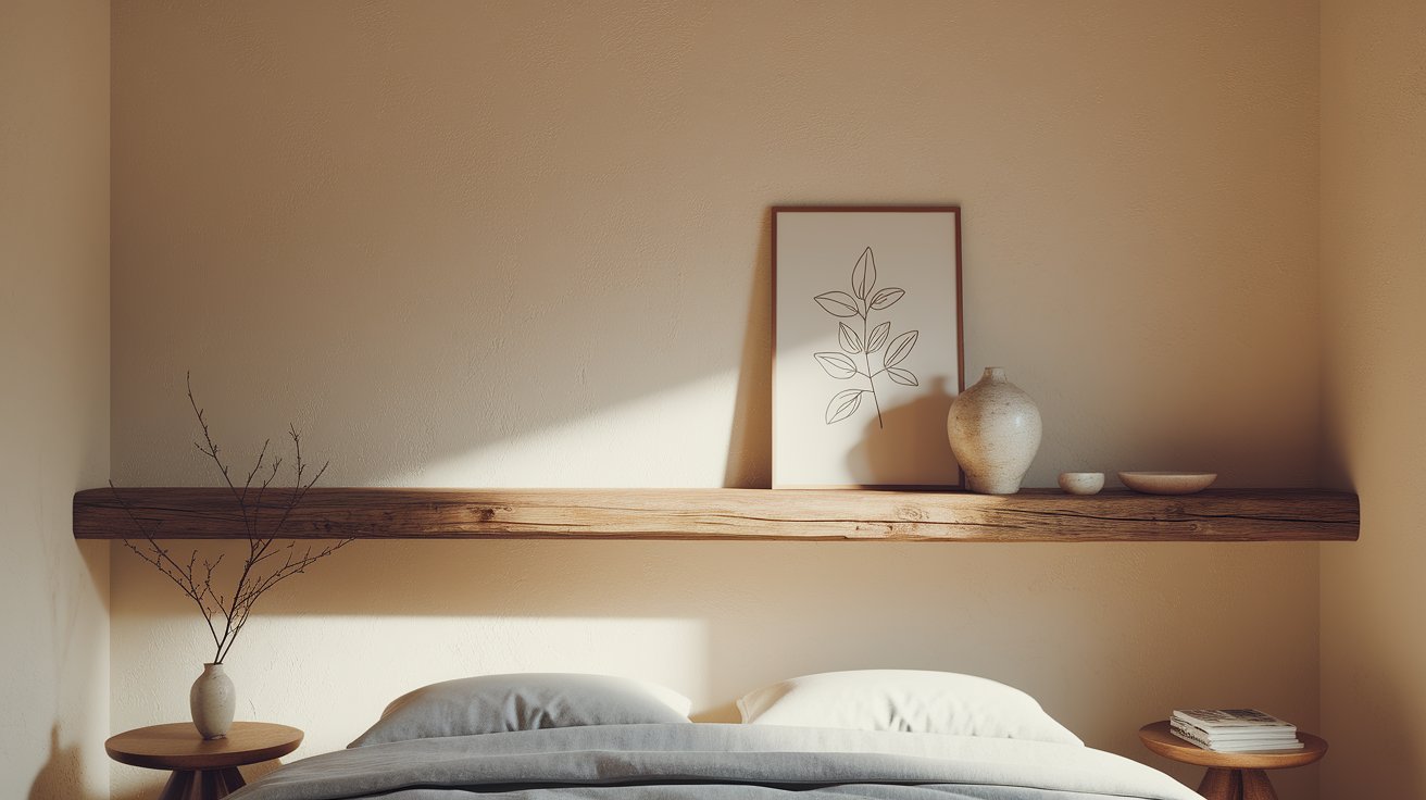 A cozy bedroom featuring a neatly made bed and wooden shelves filled with books and decorative items.