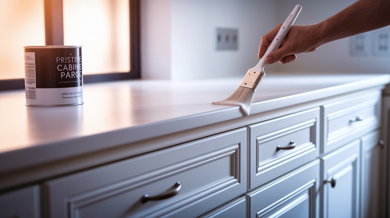 A person painting a kitchen counter with a brush, focused on applying a fresh coat of paint.