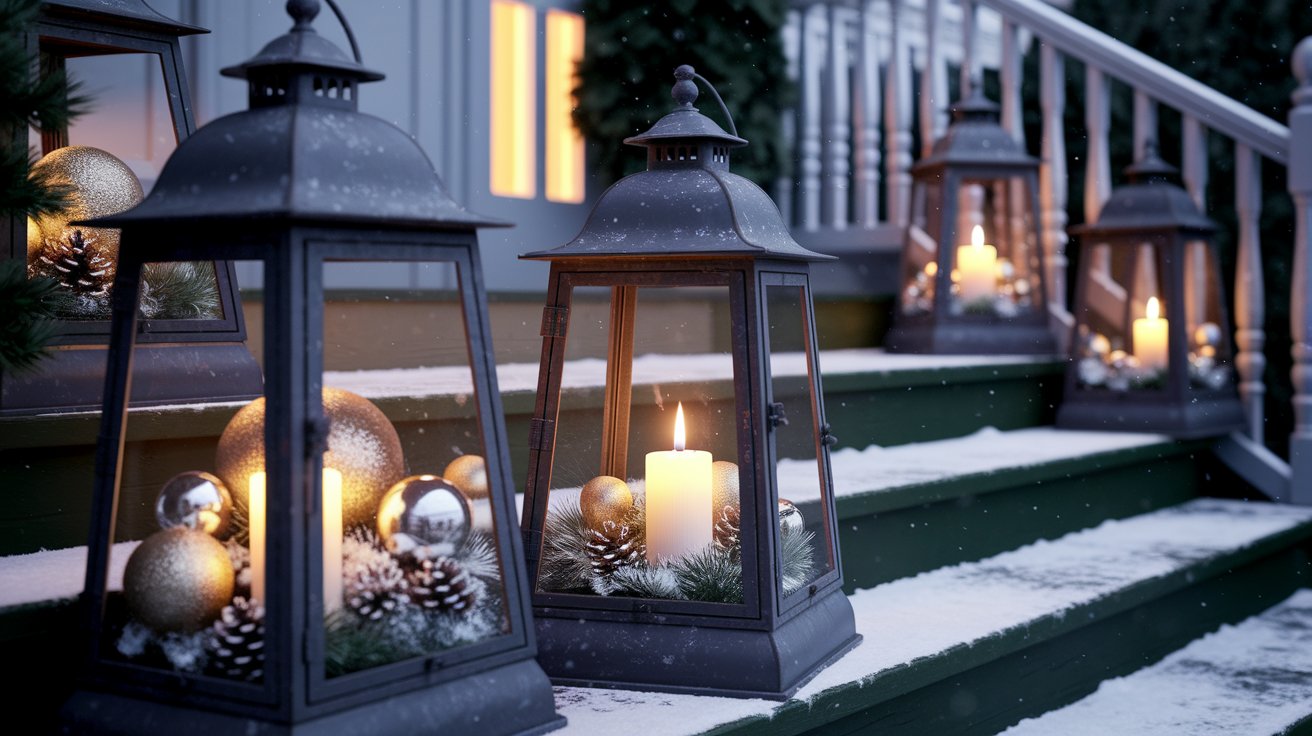 Christmas lanterns illuminate the steps of a house, creating a festive and inviting holiday atmosphere.