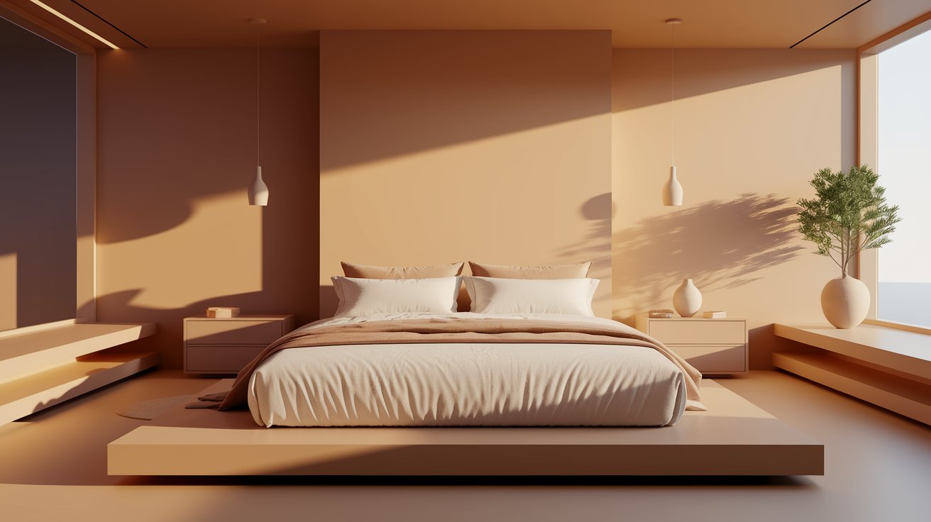 A modern bedroom featuring a neatly made bed and a large window allowing natural light to enter the space.

