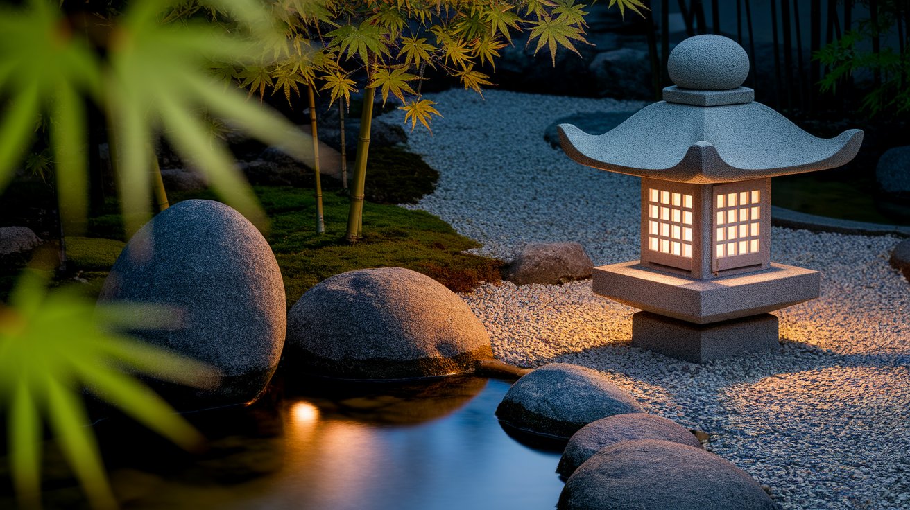 A glowing lantern illuminates a serene garden at night, casting soft light on surrounding plants and flowers.