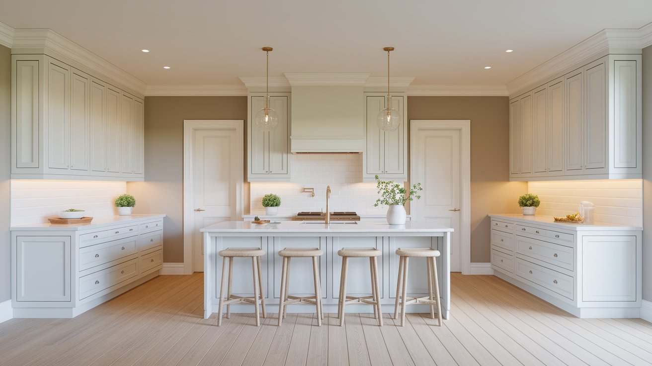 A bright, clean white kitchen featuring a spacious center island for cooking and dining.