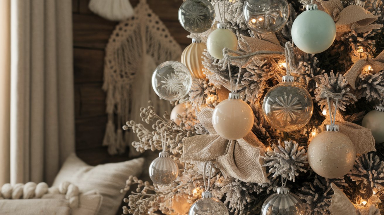 A festive Christmas tree adorned with ornaments next to a plush white pillow, creating a warm holiday atmosphere.