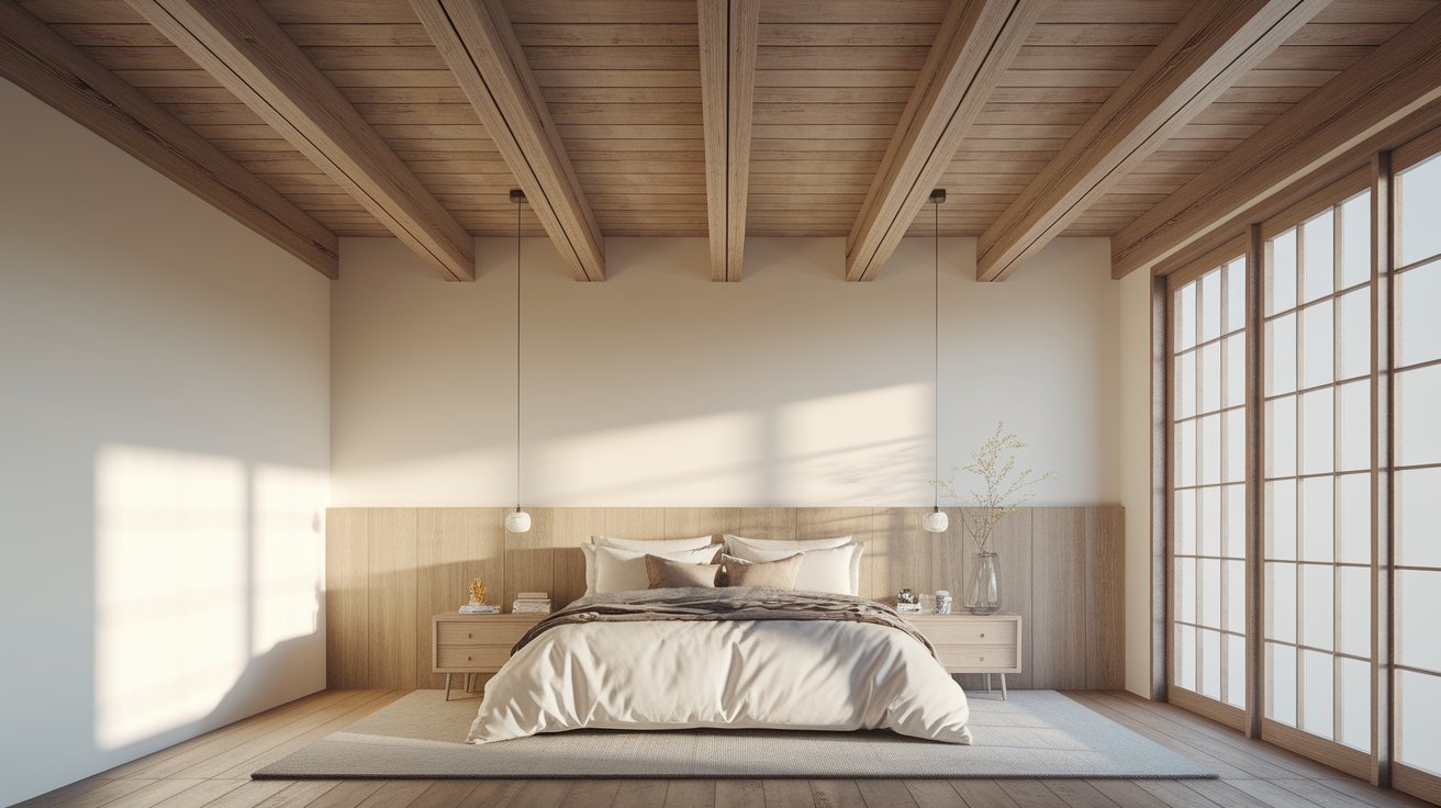 A cozy bedroom featuring wooden beams and a neatly made bed, creating a warm and inviting atmosphere.