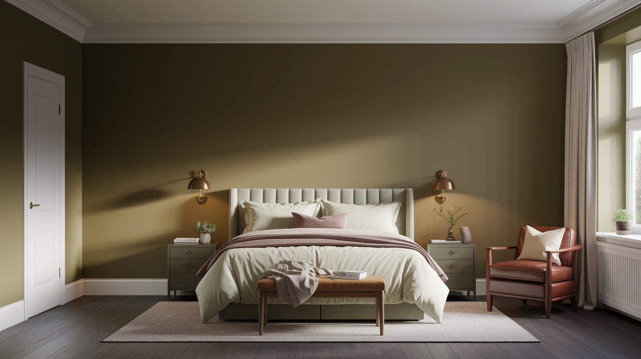 A neatly arranged bedroom with a bed, a comfortable chair, and a lamp, emphasizing a tranquil living space.
