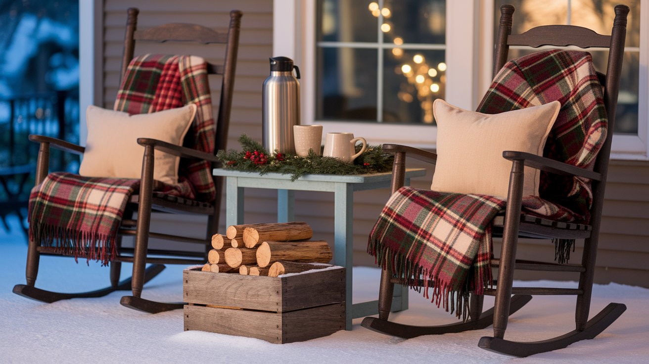  Two rocking chairs with plaid blankets are placed on a cozy porch, inviting relaxation and comfort.