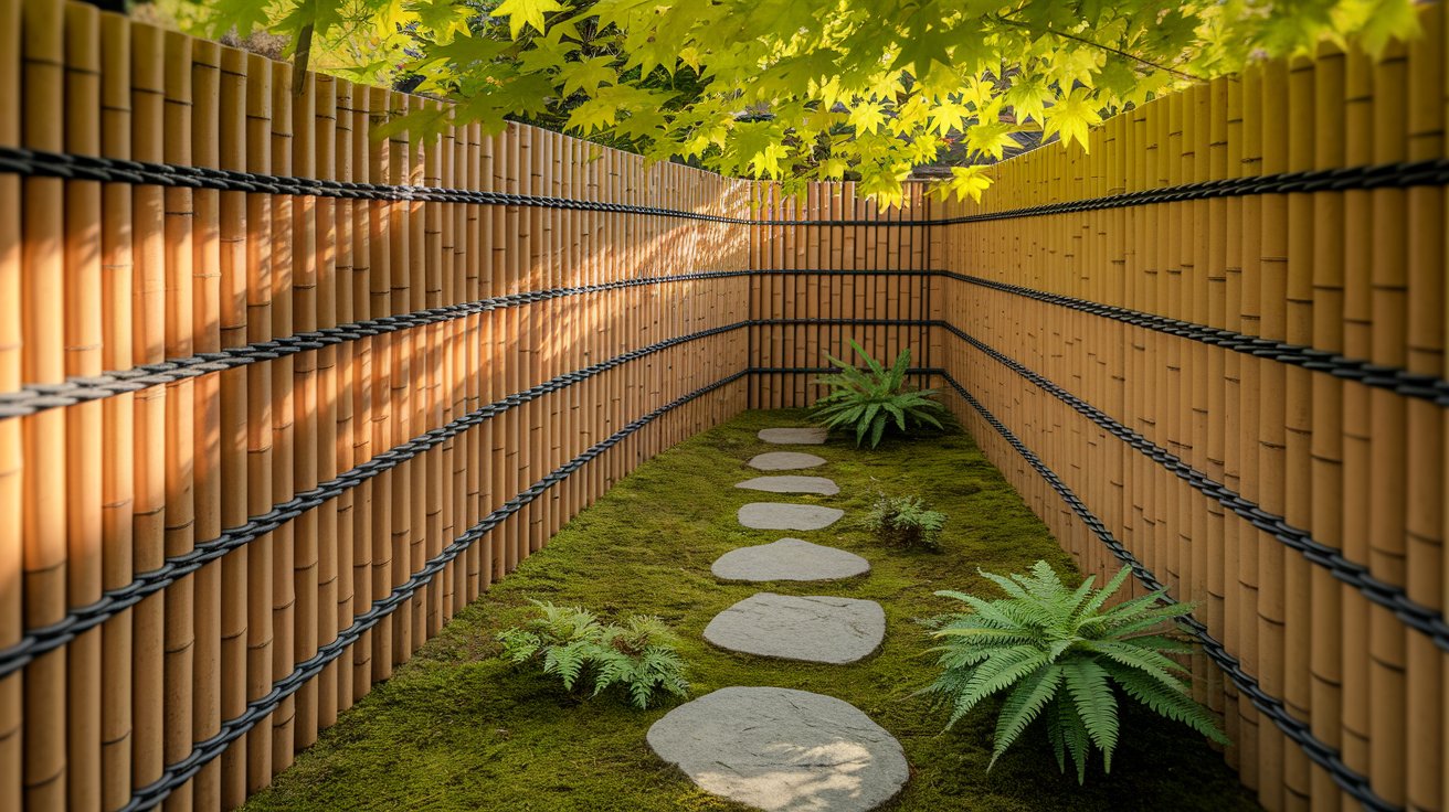 A bamboo fence surrounds a stone path that runs through a serene garden setting.