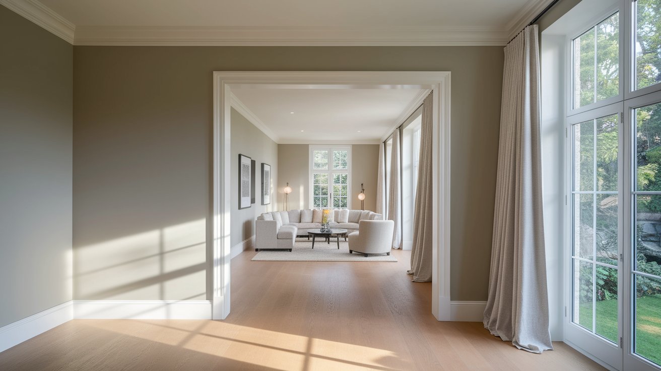 A hallway featuring a large window that illuminates the hardwood floors, creating a warm and inviting atmosphere.