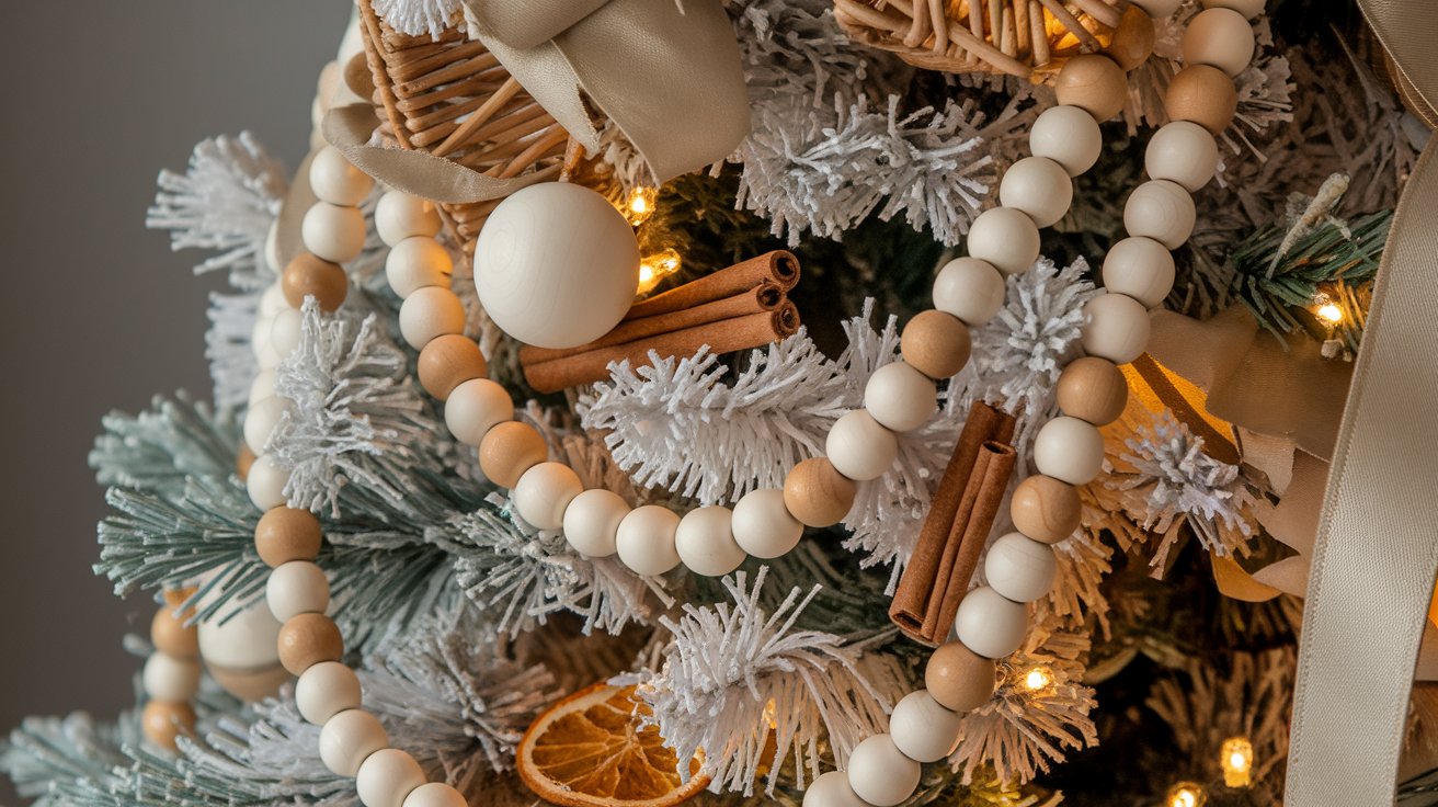 A decorated Christmas tree adorned with wooden beads and colorful ornaments, creating a festive holiday atmosphere.
