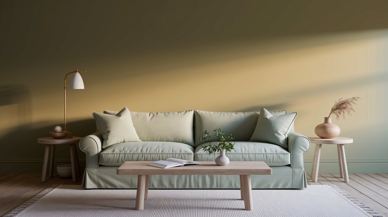 A cozy living room featuring a comfortable couch and a stylish table, creating a welcoming atmosphere.