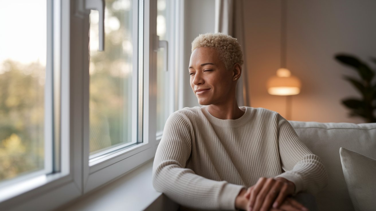 A woman sitting on a couch, gazing thoughtfully out the window, with soft light illuminating the room.