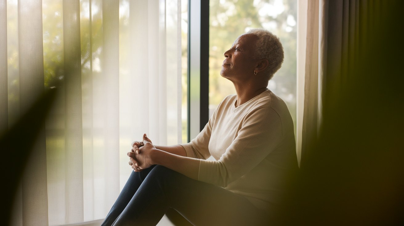 An older woman sitting by a window, gazing outside with a thoughtful expression.
