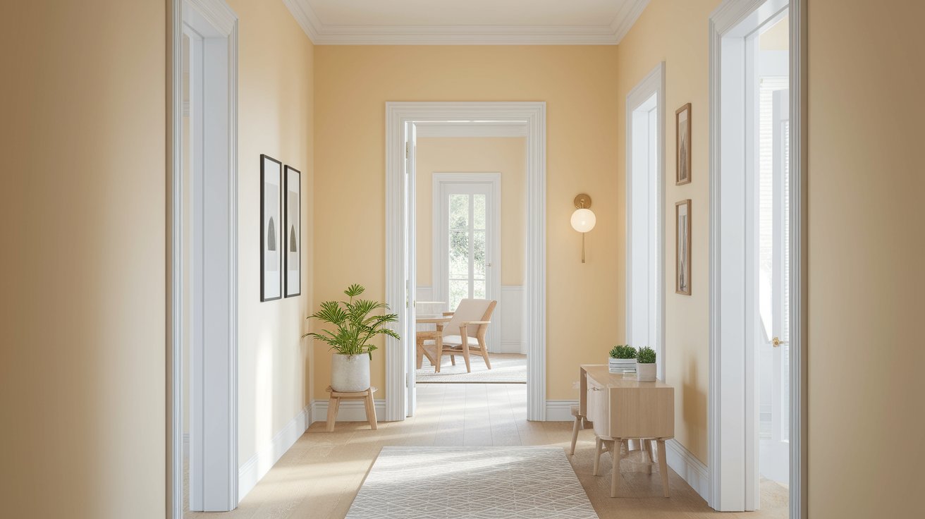 A hallway featuring bright yellow walls and polished wooden floors, creating a warm and inviting atmosphere.