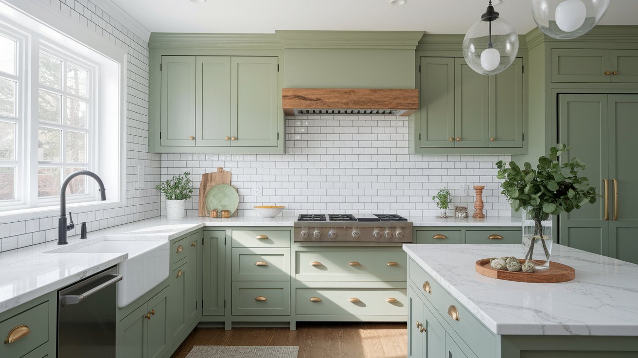 A modern kitchen featuring green cabinets and white countertops, creating a fresh and vibrant atmosphere.