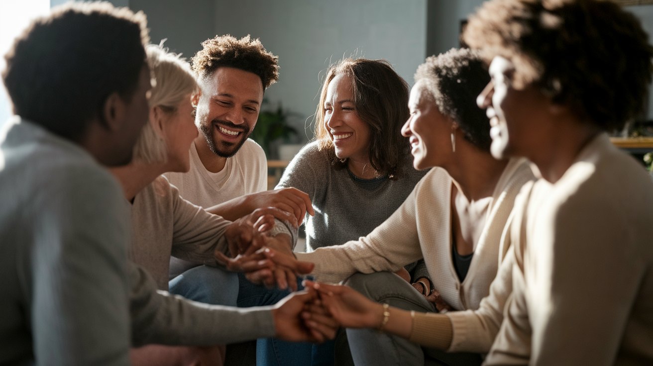 A group of friends sitting together, smiling and enjoying each other's company in a cheerful atmosphere.