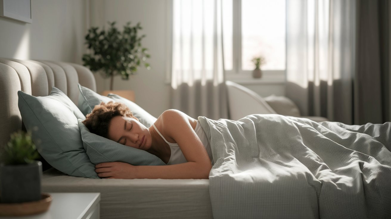 A woman peacefully sleeping in bed, resting her head on a soft pillow.