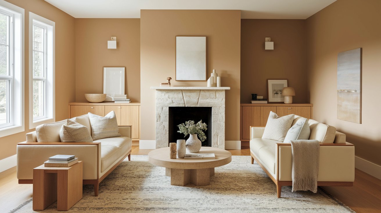 A cozy living room with warm tan walls complemented by stylish white furniture, enhancing the space's openness.