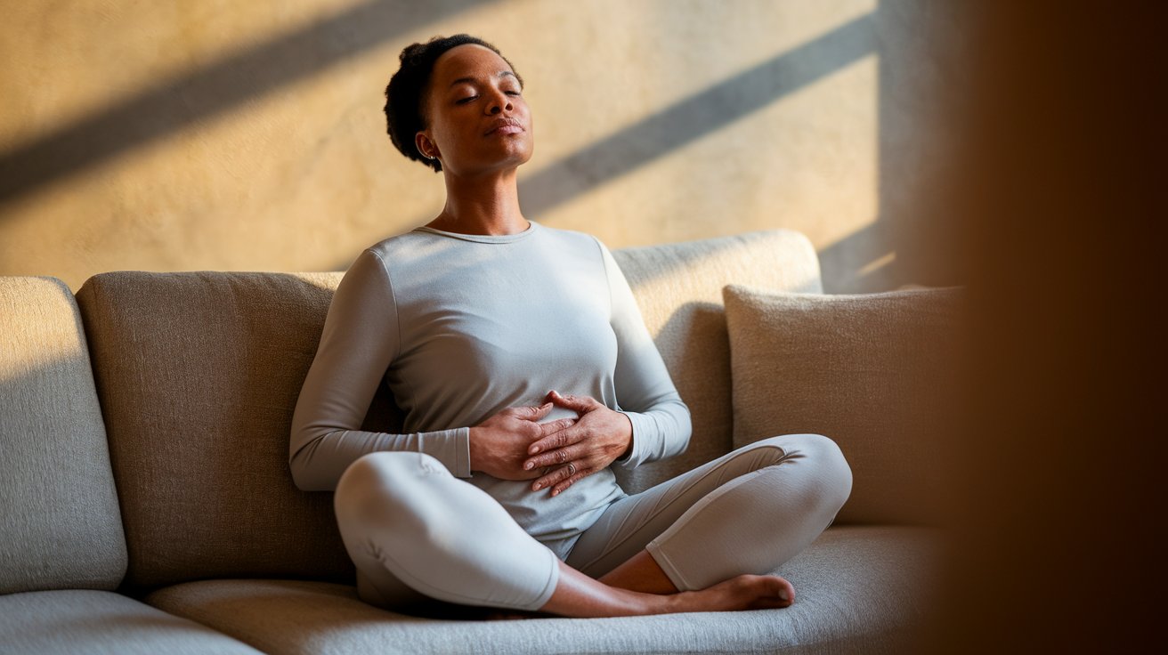 A woman sitting comfortably on a couch in a cozy room, surrounded by soft lighting and decorative elements.