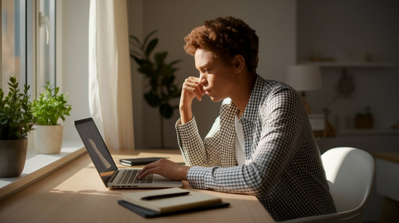 A woman seated at a desk, focused on her laptop, with a notepad and pen beside her.
