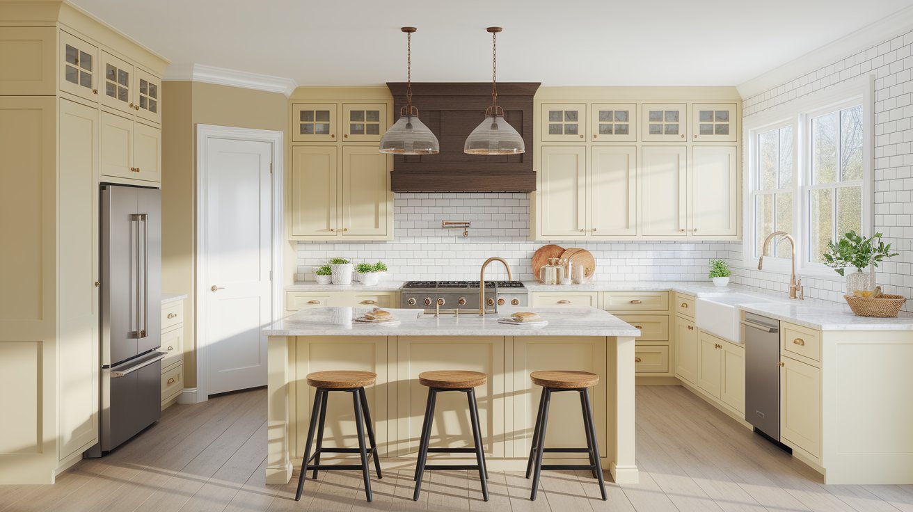 A stylish kitchen with a white island complemented by wooden stools for seating.
