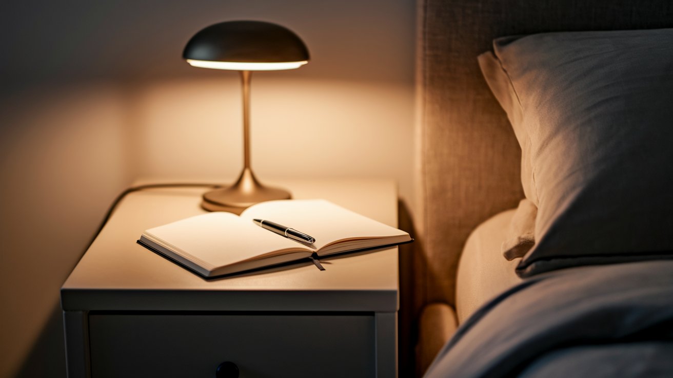 A nightstand featuring a lamp and an open notebook, creating a cozy reading or writing space.

