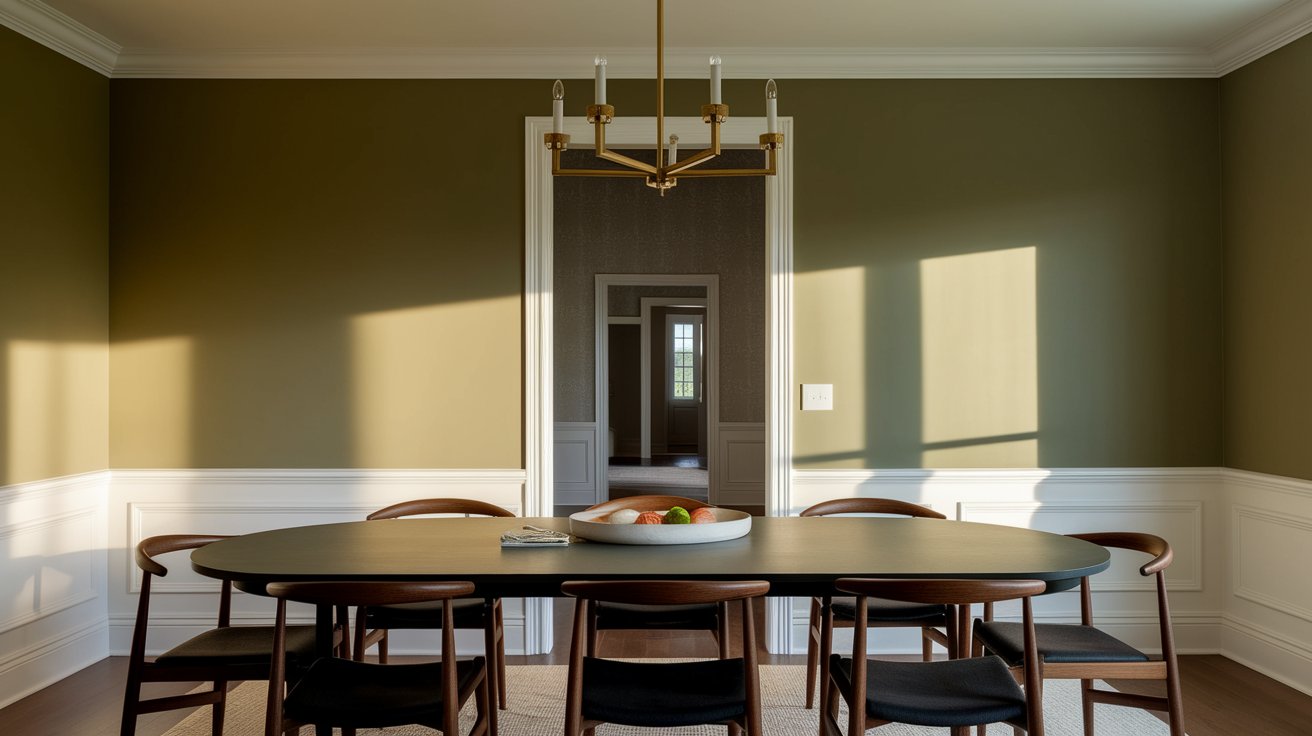 A dining room featuring a wooden table surrounded by four chairs, with soft lighting creating a warm atmosphere.