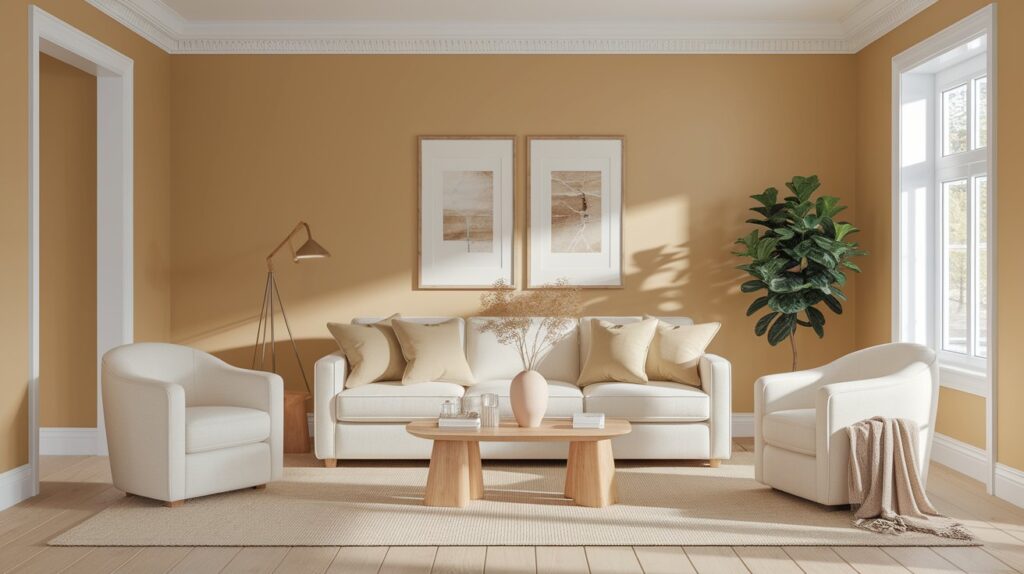 A living room featuring tan walls and white furniture, creating a bright and inviting atmosphere.