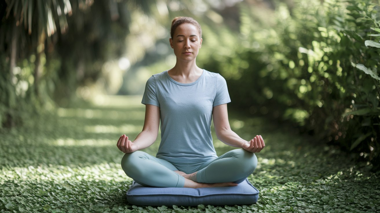 A woman sits in a lotus position, meditating peacefully on a grassy field under a clear blue sky.
