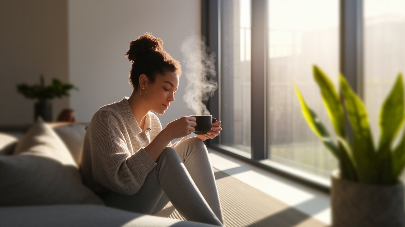 A woman sitting on a couch, holding a cup of coffee, appears relaxed and contemplative.