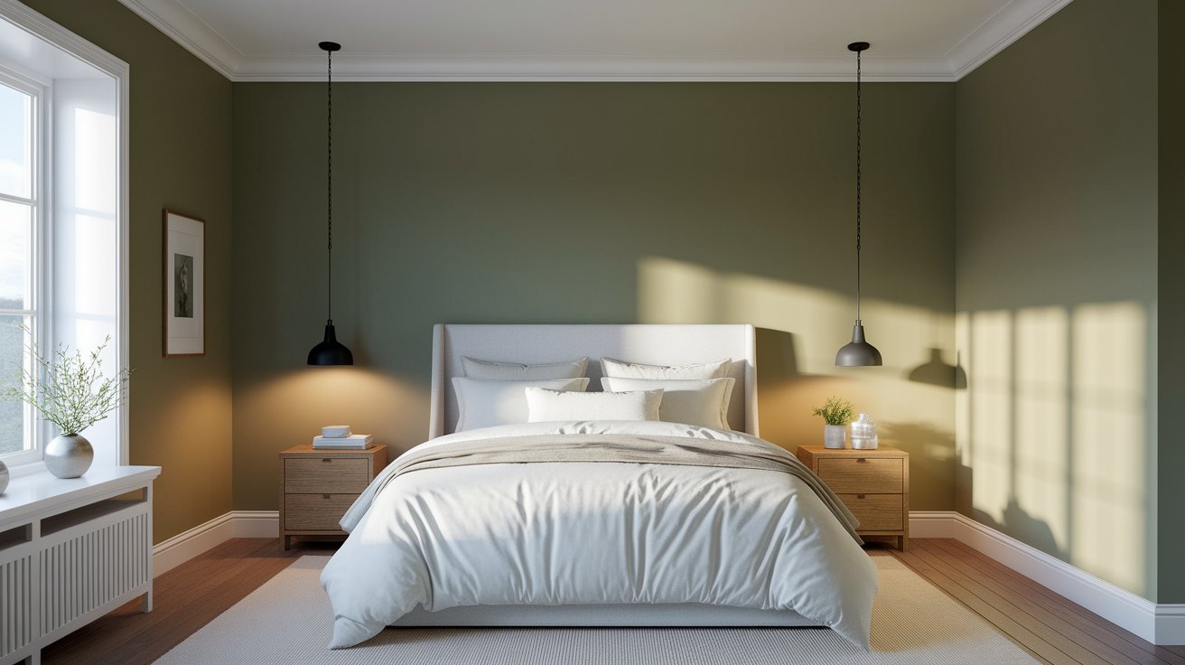 A cozy bedroom featuring green walls and a neatly made bed, creating a serene and inviting atmosphere.