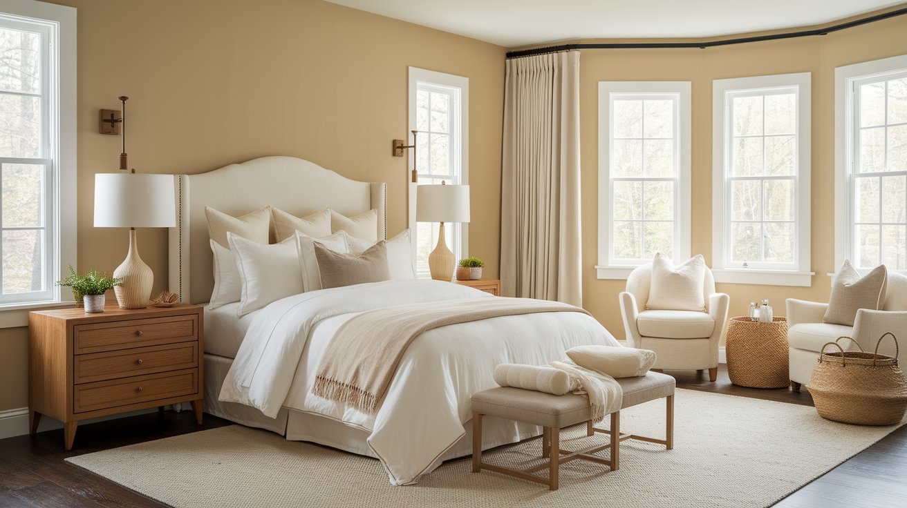 A calming bedroom with soft neutral tones and a crisp white bed as the focal point.
