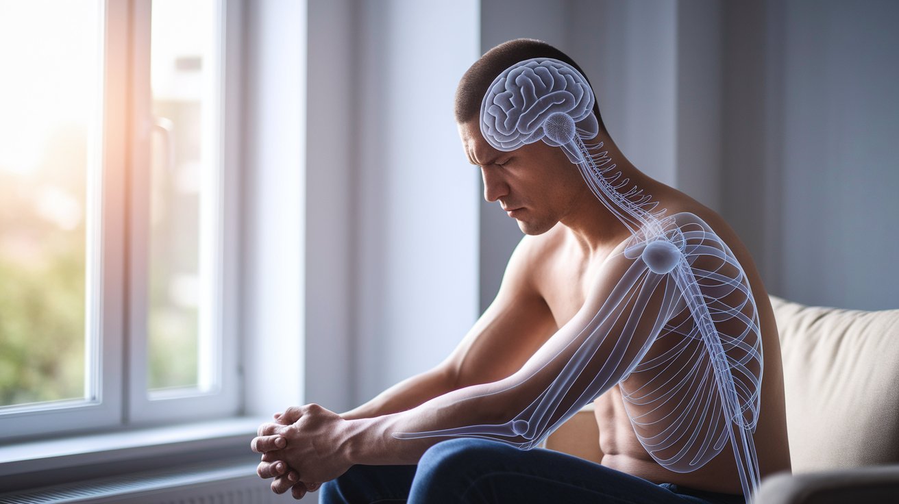 A man with crossed arms sitting on a couch, looking contemplative in a cozy living room setting.