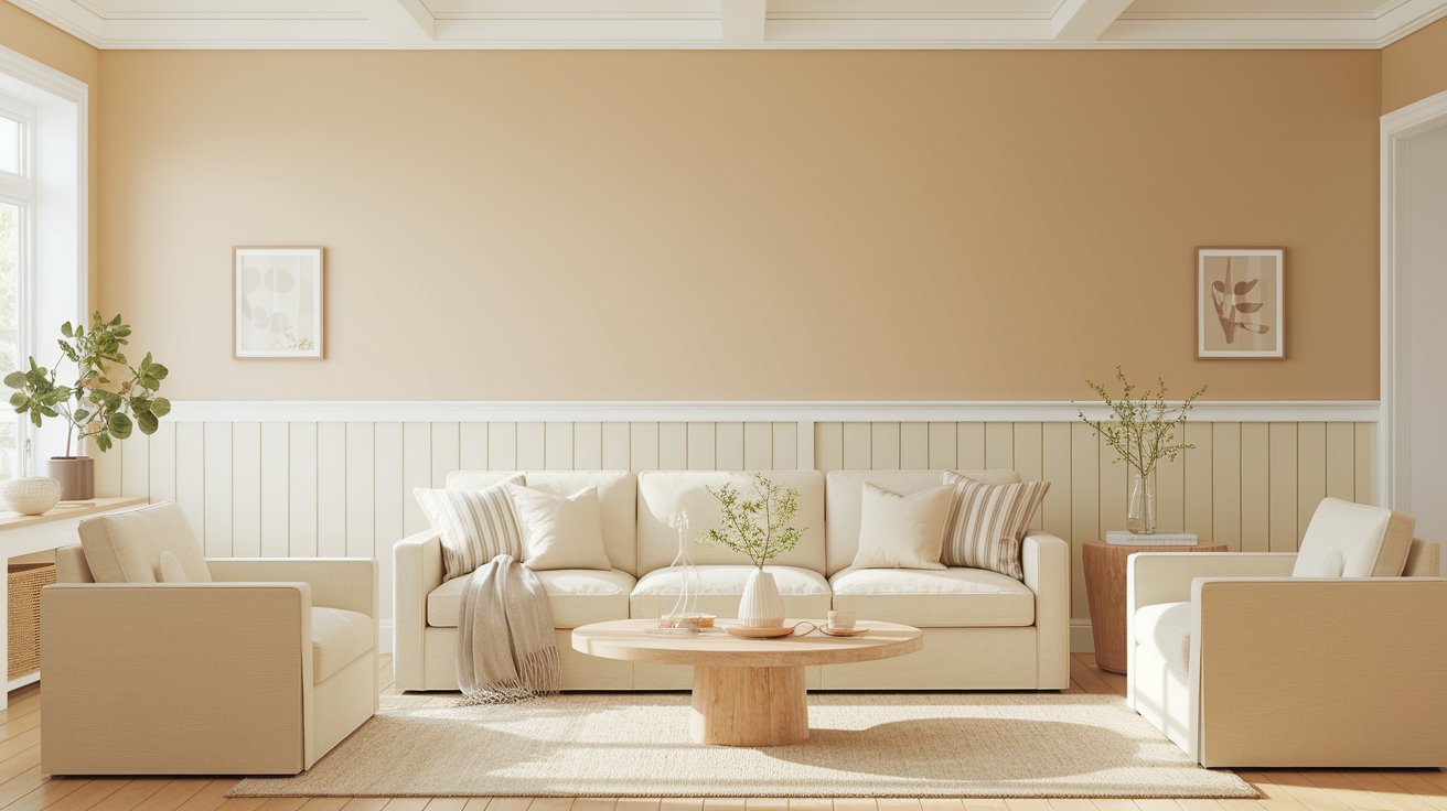 A living room featuring beige walls and elegant white furniture, creating a bright and inviting atmosphere.
