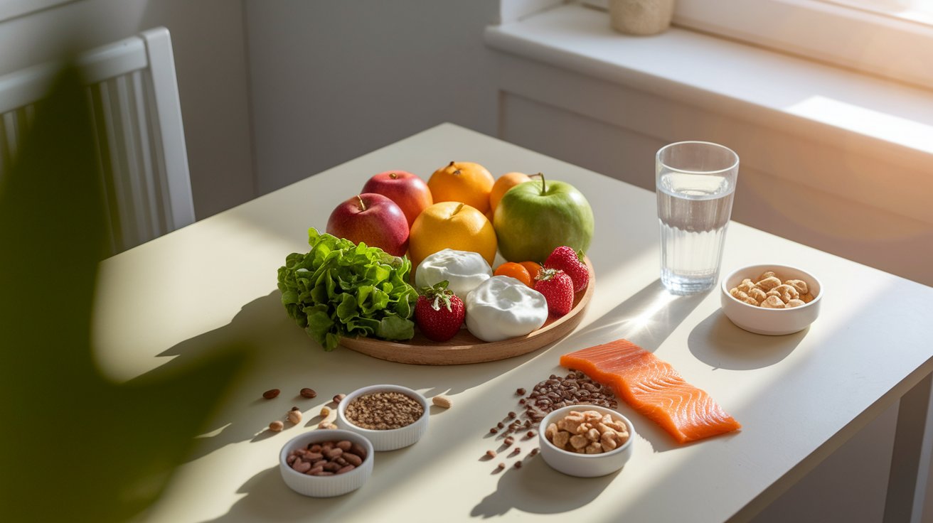 A table displaying an assortment of fresh fruit, colorful vegetables, and various nuts arranged neatly.