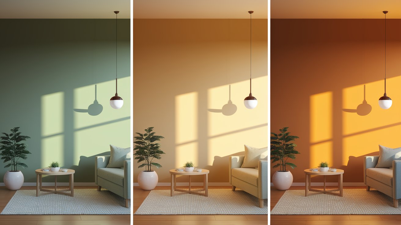 Three images of a living room showcasing different color schemes: warm tones, cool tones, and neutral shades.