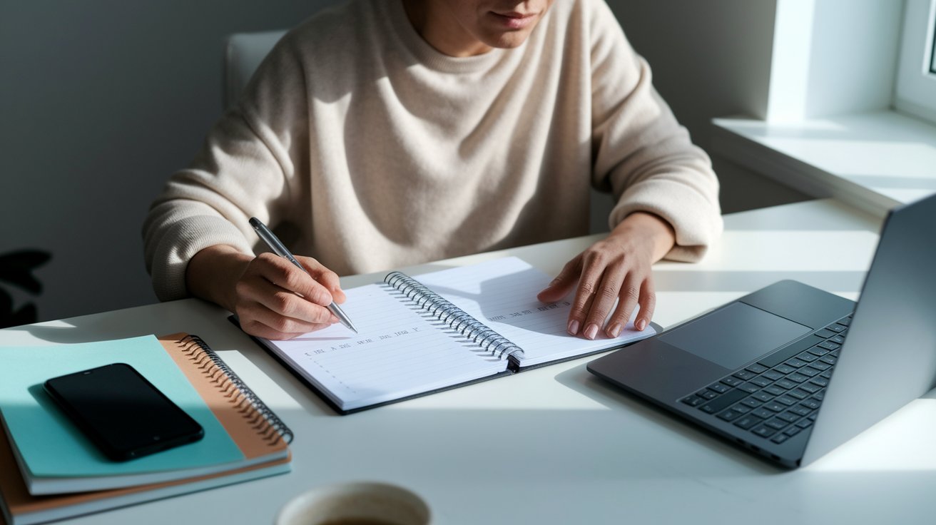 A woman sits at a desk, writing in a notebook with a focused expression.
