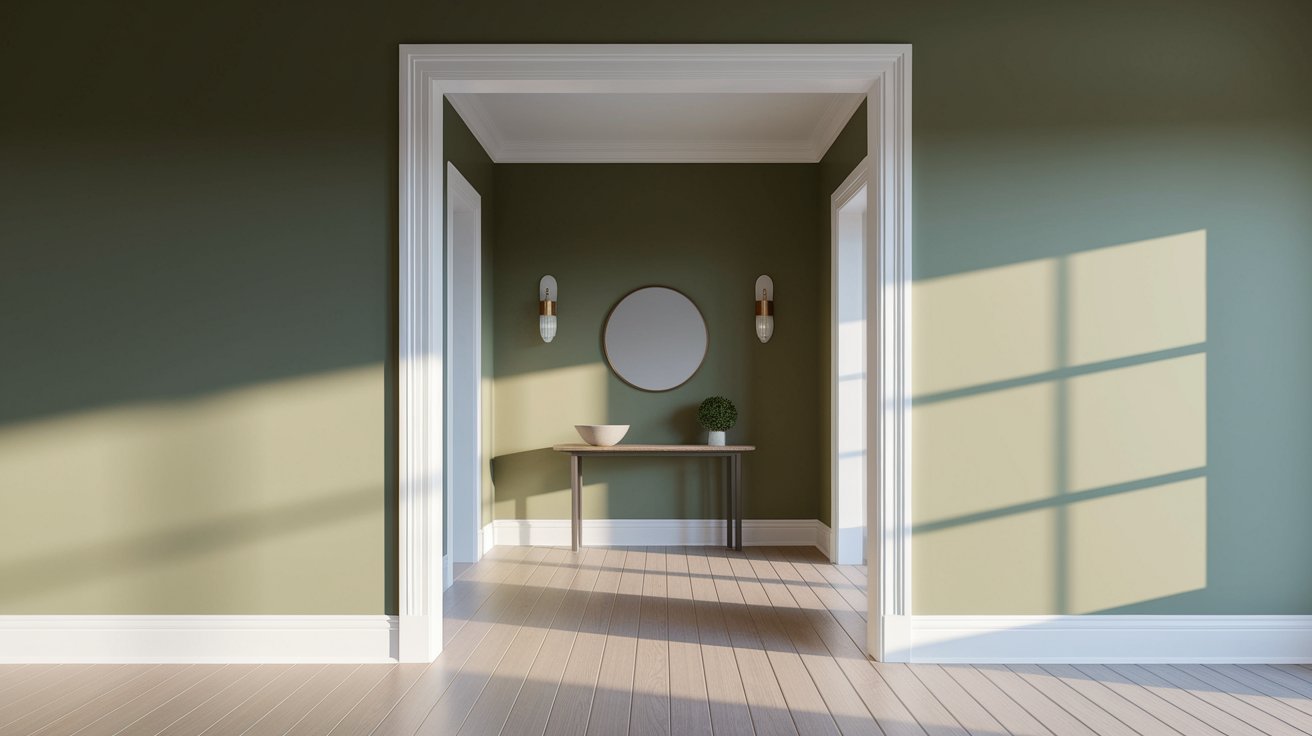 A hallway featuring green walls and white floors, creating a bright and inviting atmosphere.
