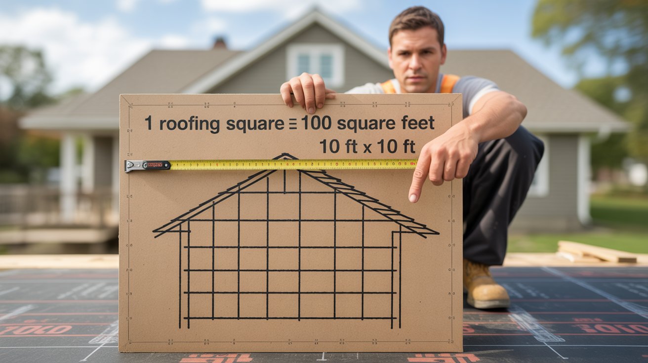 A man stands on a roof, holding a measuring tape, assessing measurements for a construction project.