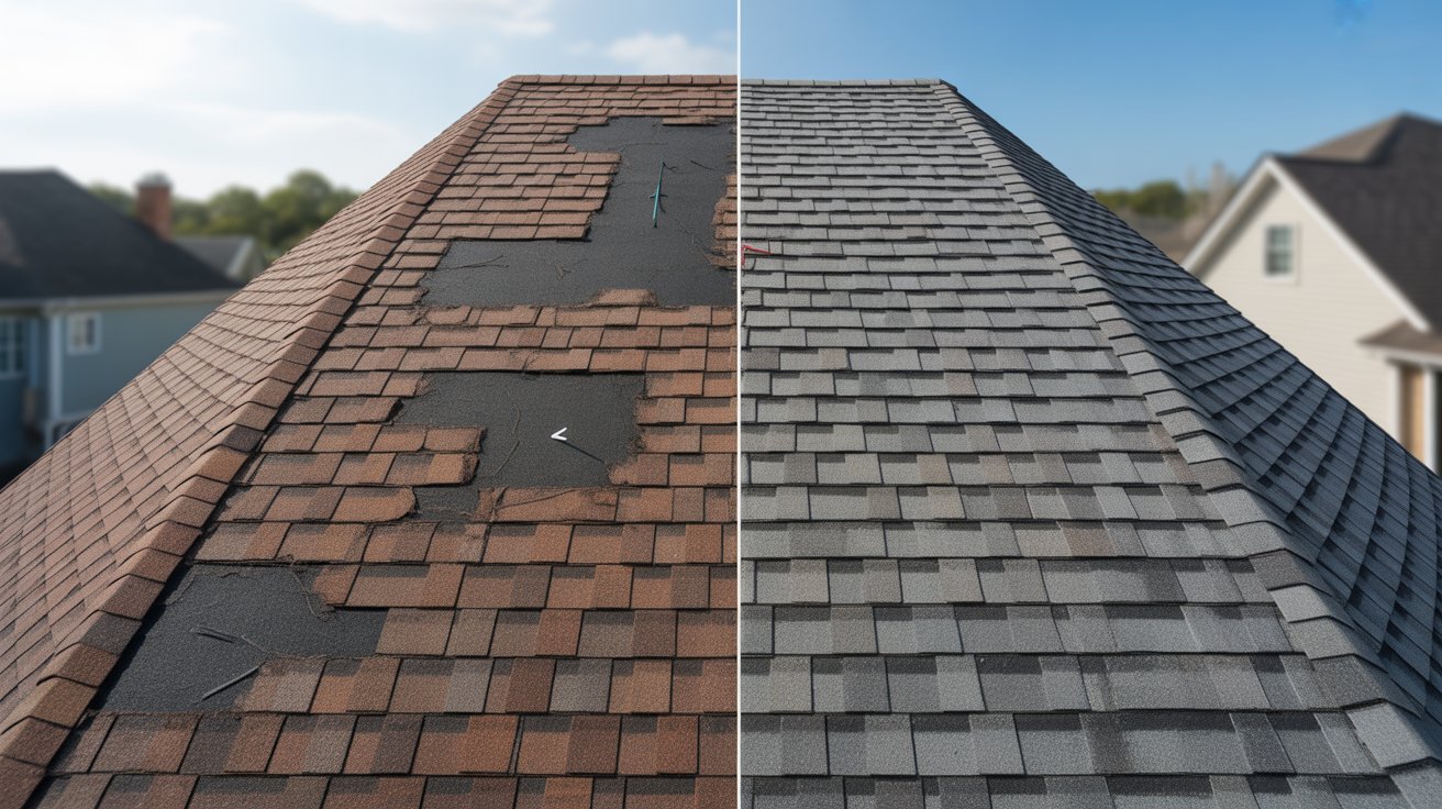 Two distinct types of roofing shingles displayed side by side for comparison.
