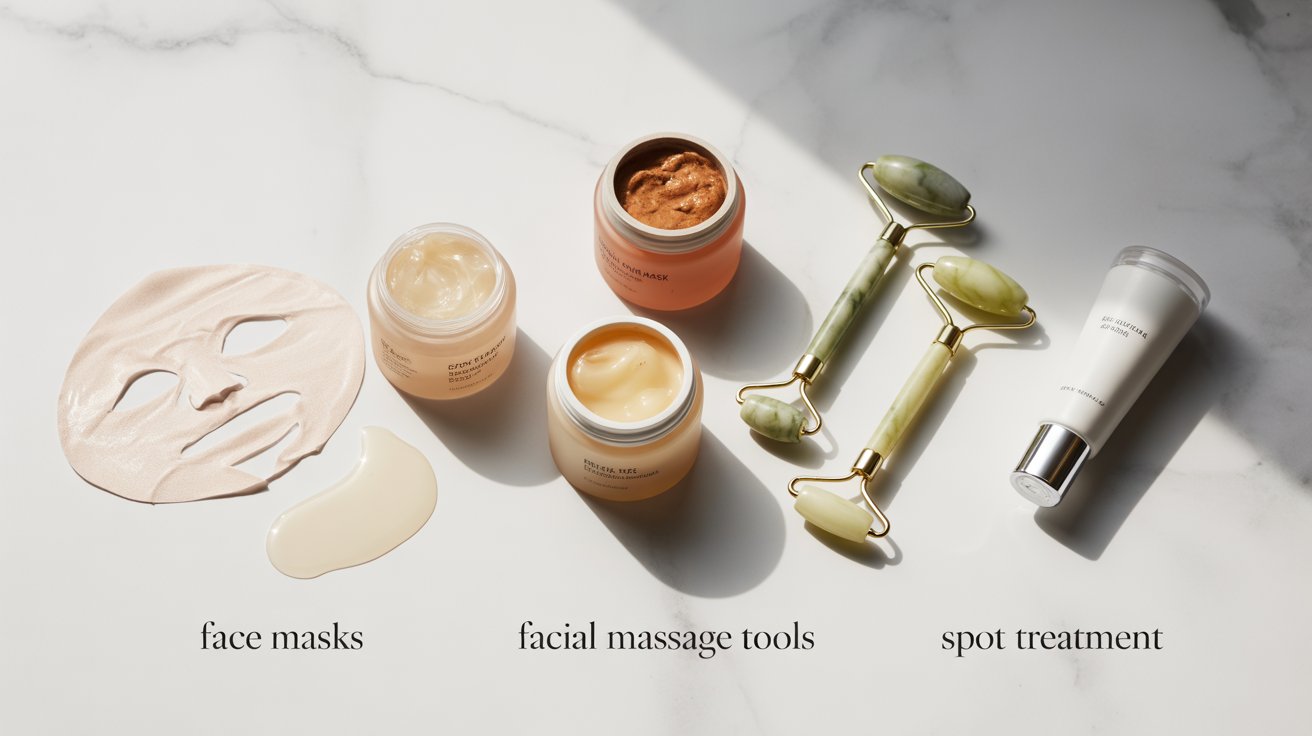 Facial mask products displayed, including ingredients and packaging, highlighting their benefits for skin care.