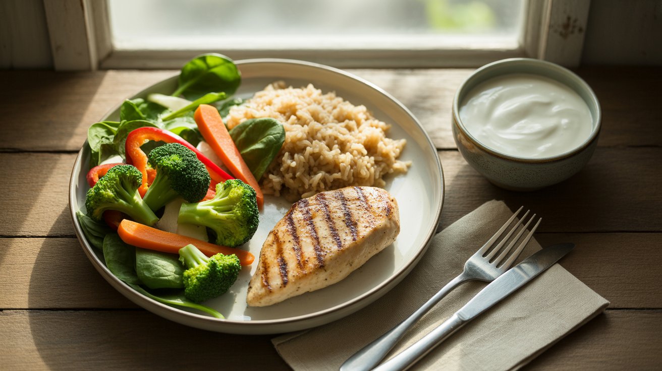 A plate featuring grilled chicken, fluffy rice, and a medley of colorful vegetables arranged appetizingly.