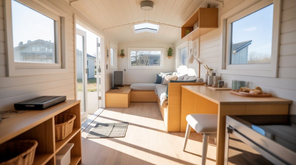 A cozy tiny home featuring a kitchen, living room, and dining area, showcasing efficient use of space and modern design.