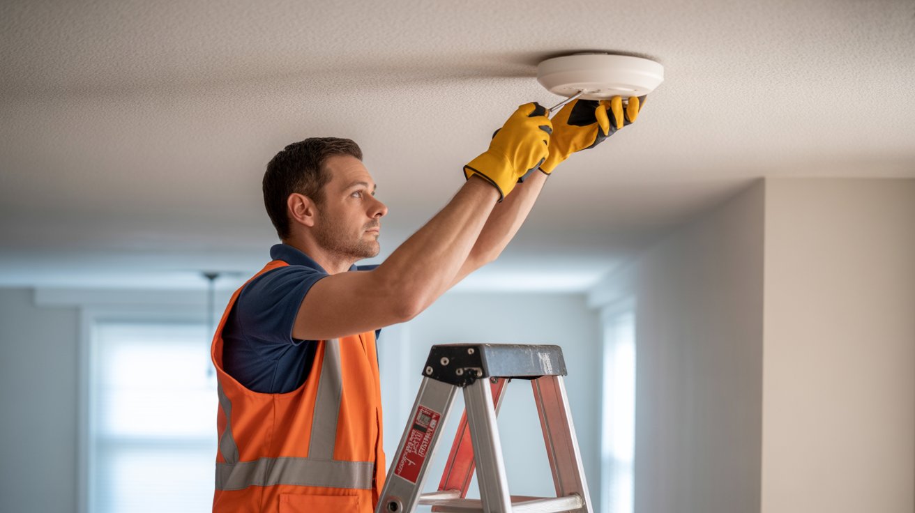 A man wearing an orange vest and safety glasses is repairing a smoke detector on a ceiling.