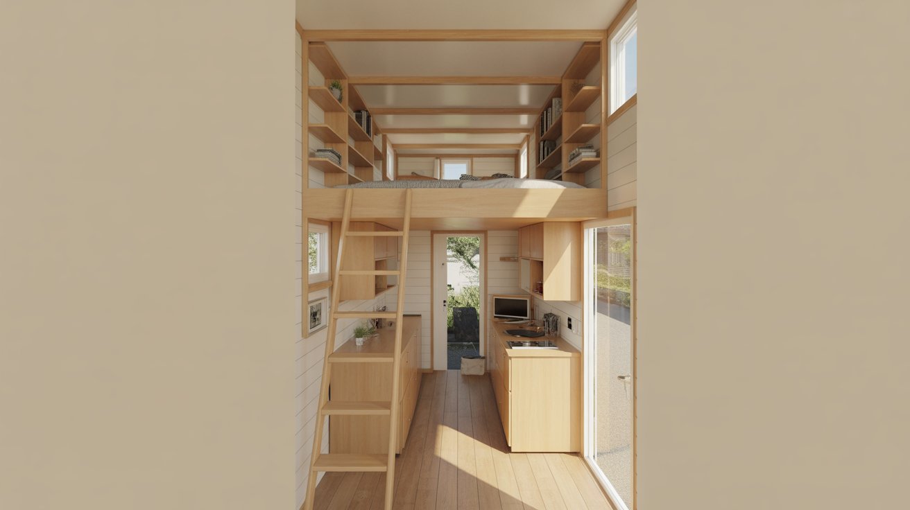 A small house featuring a loft and a staircase, showcasing compact living space design.