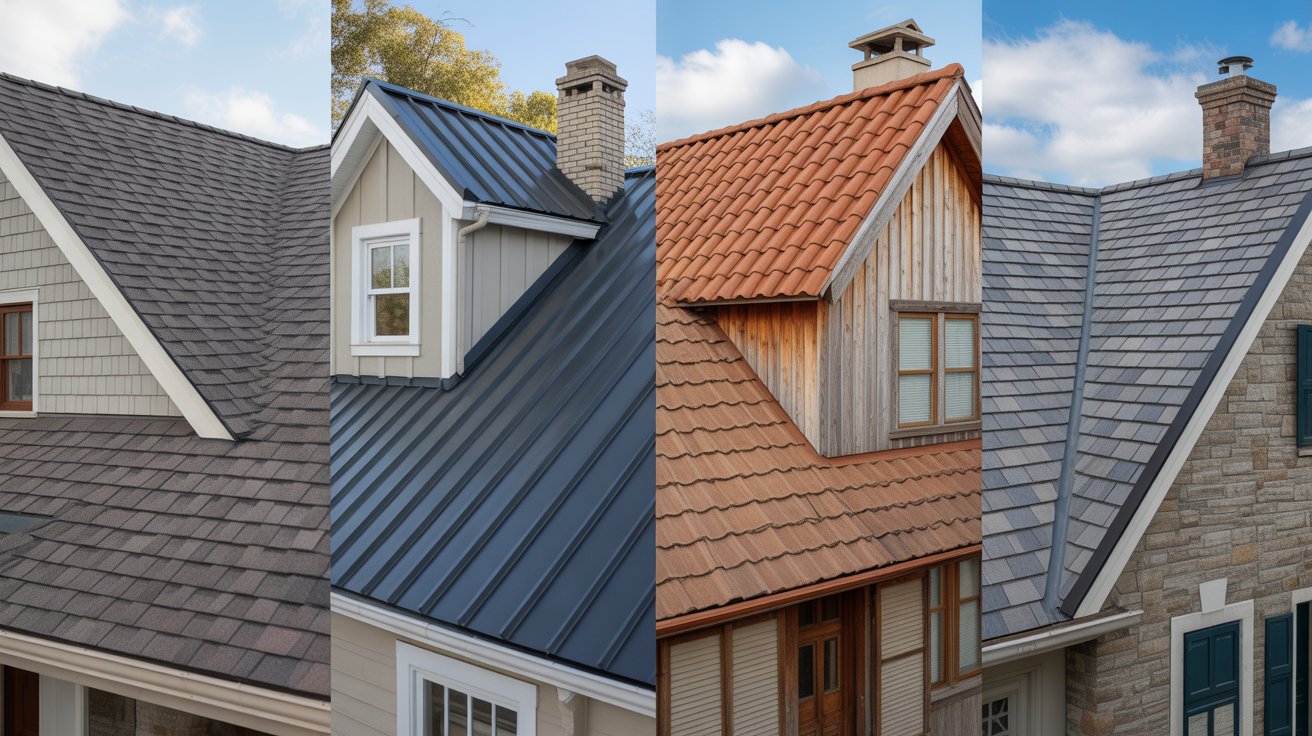 Four distinct types of metal roofing displayed, showcasing various styles and finishes for residential and commercial use.
