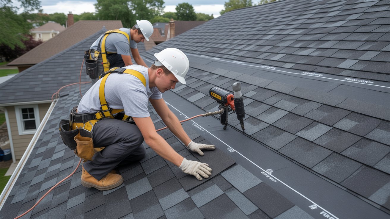 Two workers in safety gear and helmets install asphalt shingles on a residential roof using nail guns on a cloudy day.
