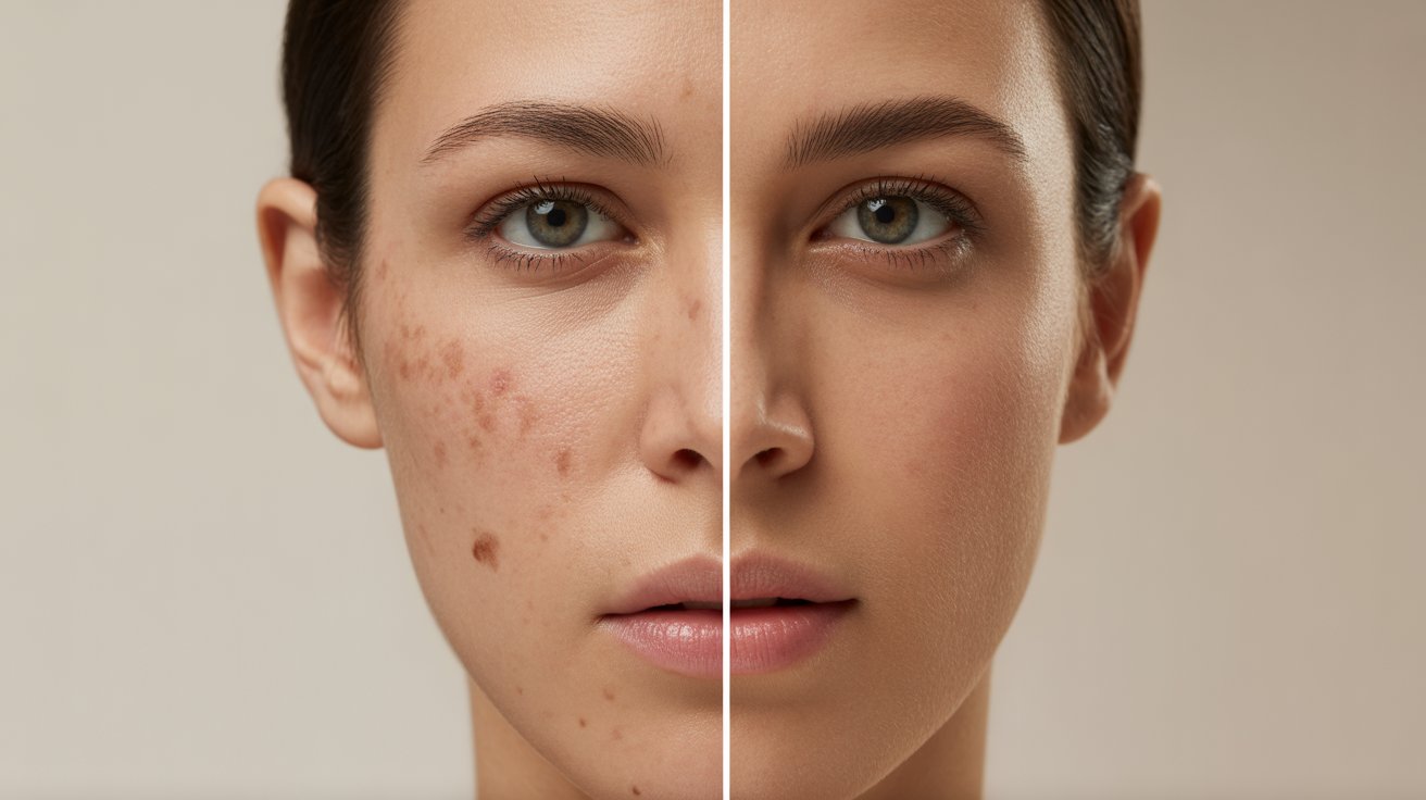 A woman showing her face before and after acne treatment, highlighting significant improvement in skin clarity and texture.
