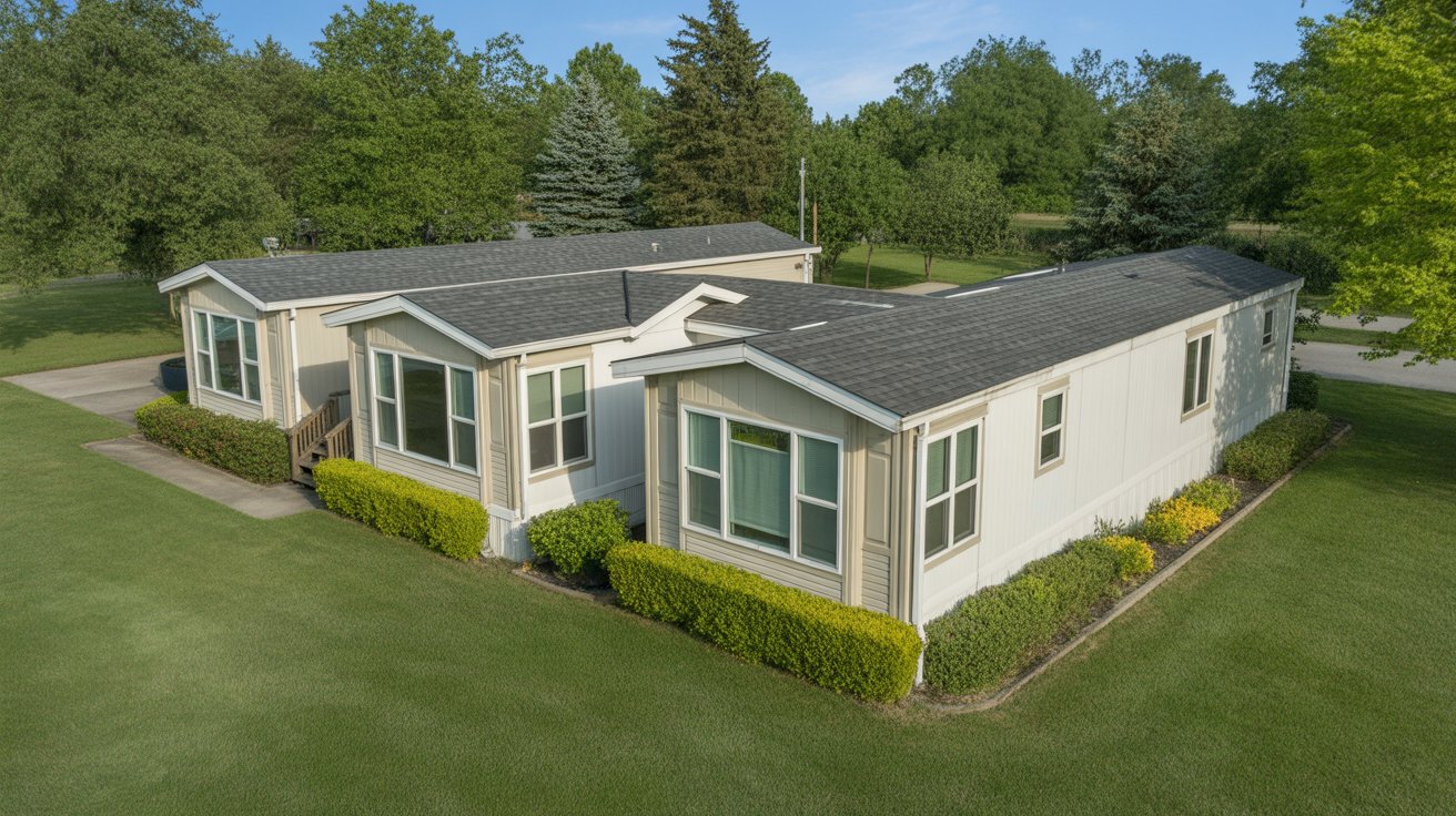 Overhead perspective of a mobile home in a park, showcasing its placement among trees and neighboring units.